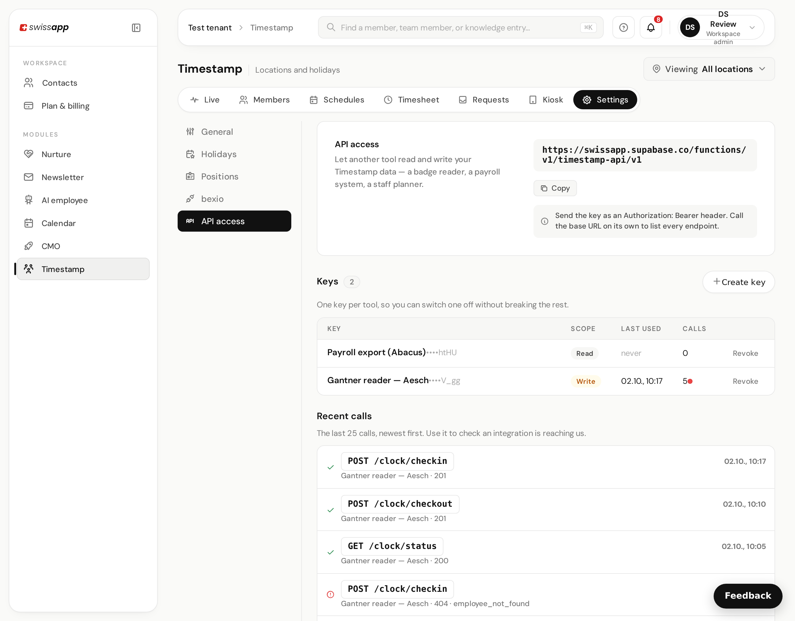 The API access screen in Timestamp: the base URL with a copy button, a table of issued keys showing scope, last use and call count, and a log of recent calls.